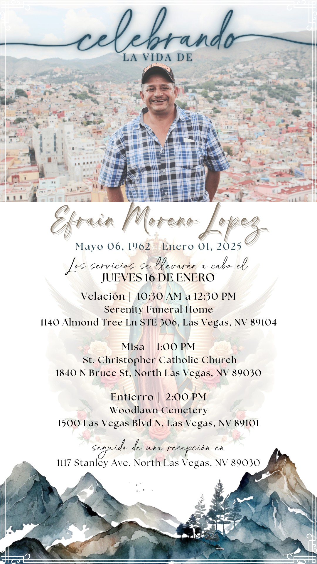 Spanish birthday invitation with a smiling man over a watercolor mountain and city backdrop