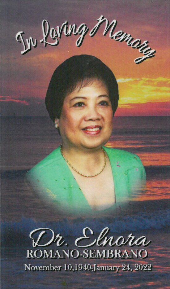 Memorial card with portrait of Dr. Eleora Romano-Sembrano, sunset background, “In Loving Memory” text