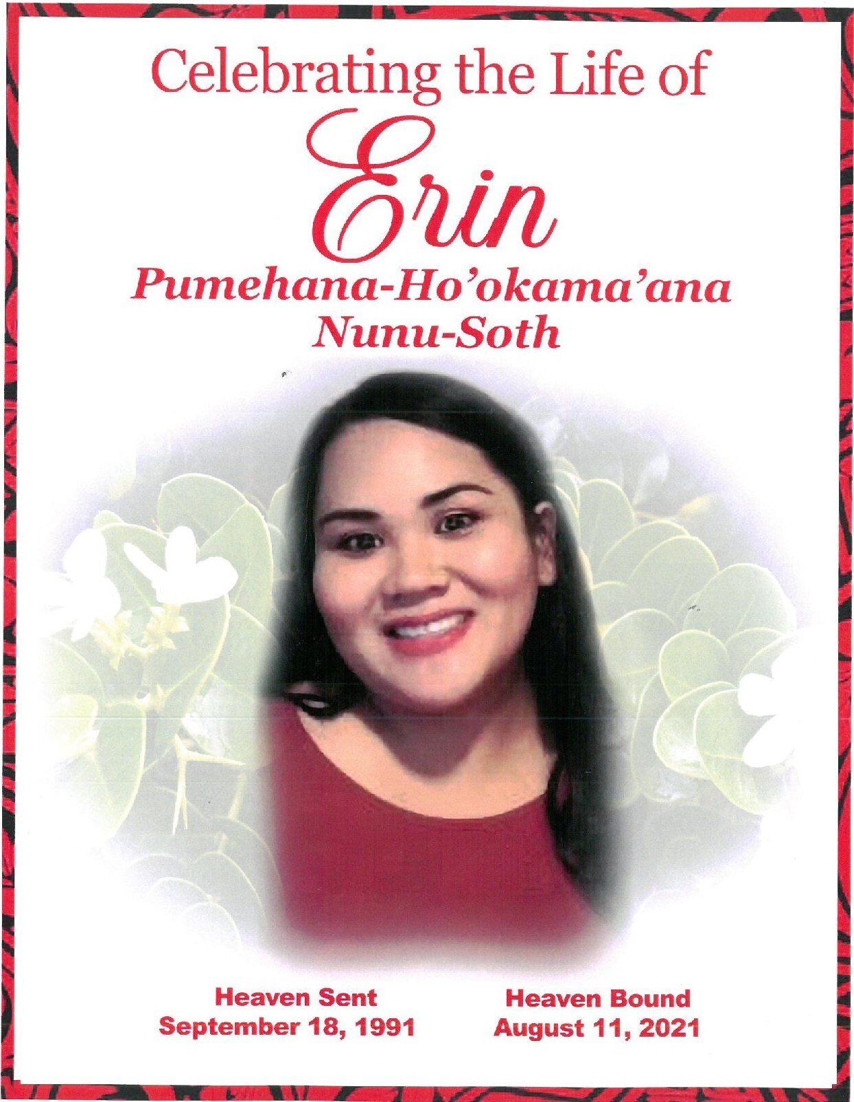 Memorial poster with smiling portrait of Erin, red text, floral background, and dates of birth and death