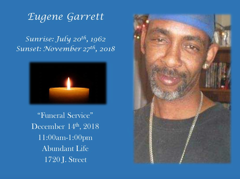 Memorial flyer for Eugene Garrett with portrait, candle, sunrise/sunset dates, and funeral service details