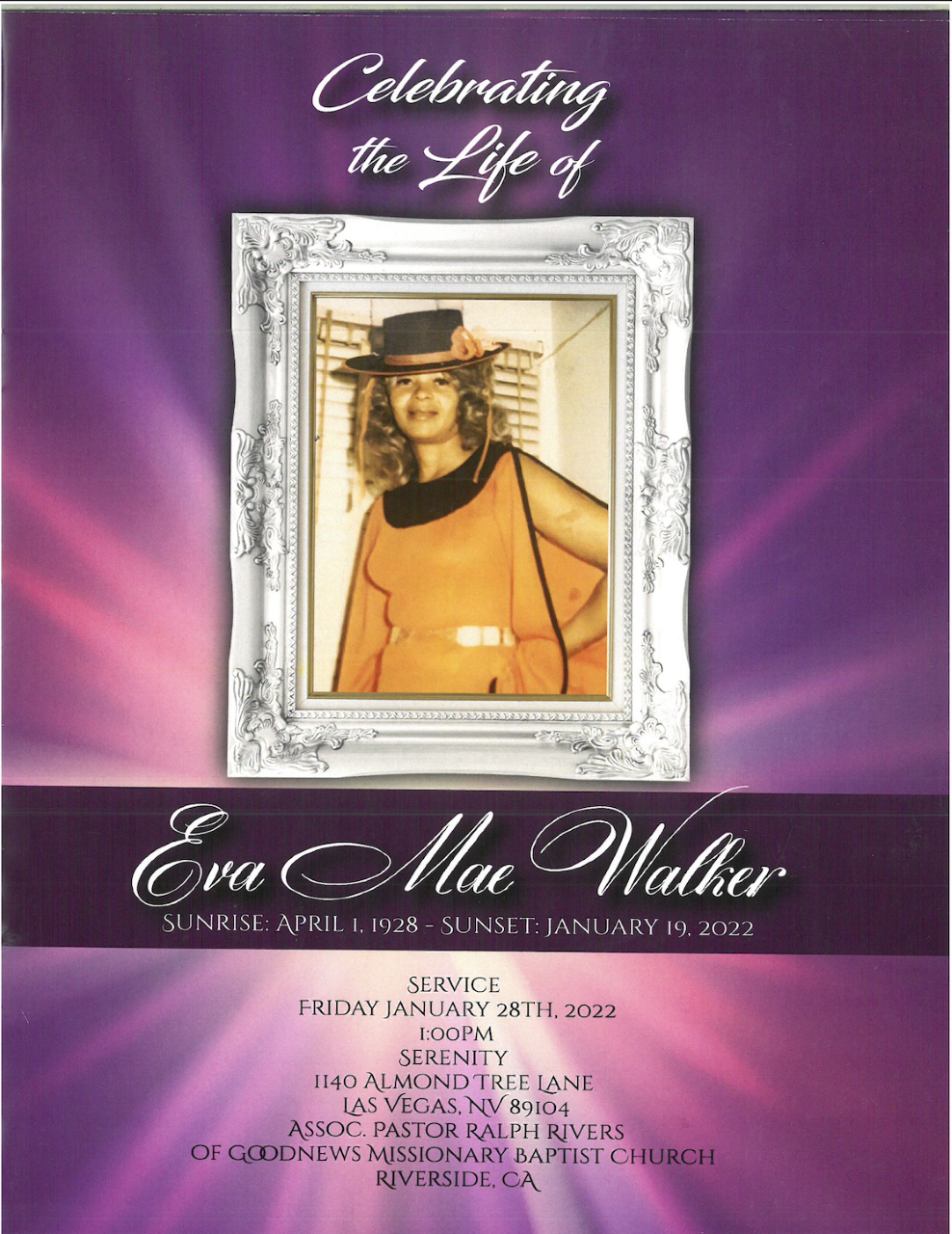 Purple memorial program cover with framed portrait and the title “Celebrating the Life of Eva Mae Walker.”