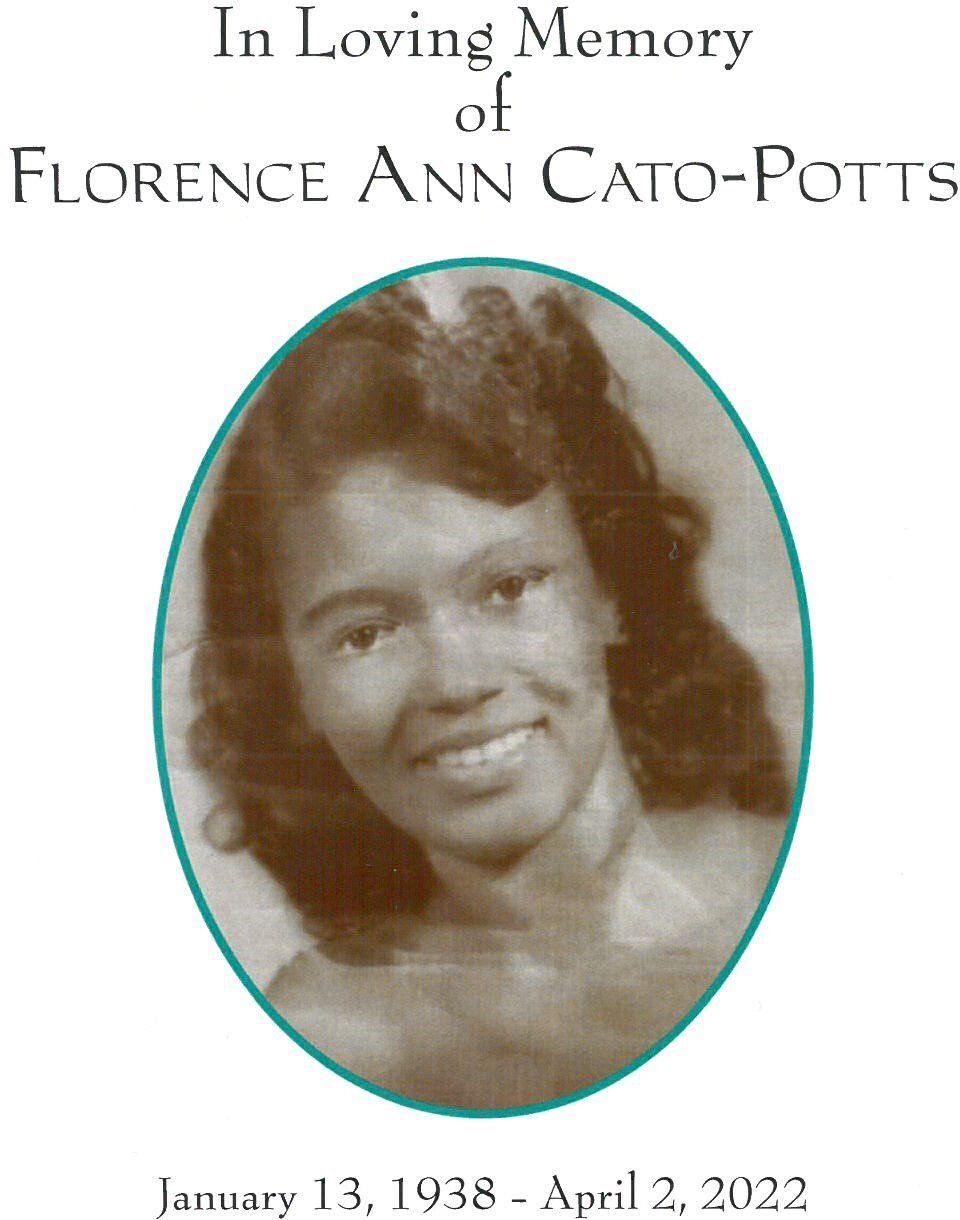 Memorial card for Florence Ann Cato-Potts with a sepia portrait and dates January 13, 1938–April 2, 2023