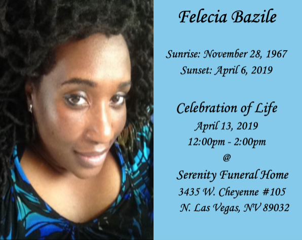 Memorial card with portrait and funeral details for Felicia Bazile, featuring blue floral background.