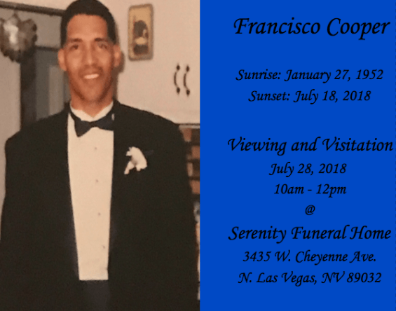 Memorial card for Francisco Cooper with tuxedo photo and funeral service details on blue background