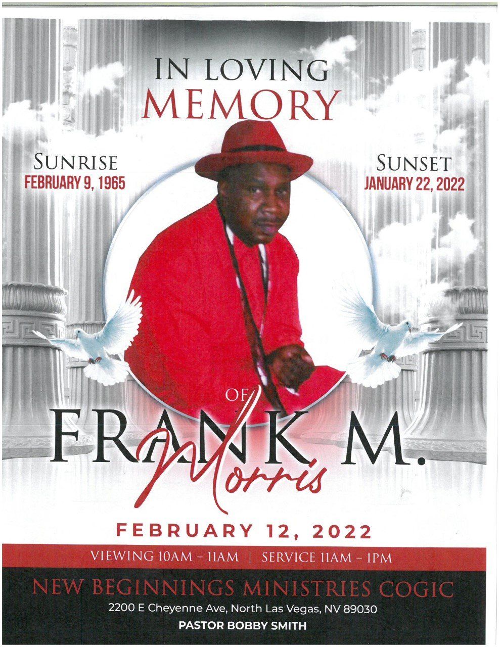 Memorial poster for Frank M. in red suit and hat, with dates February 9, 1965 and January 22, 2022.