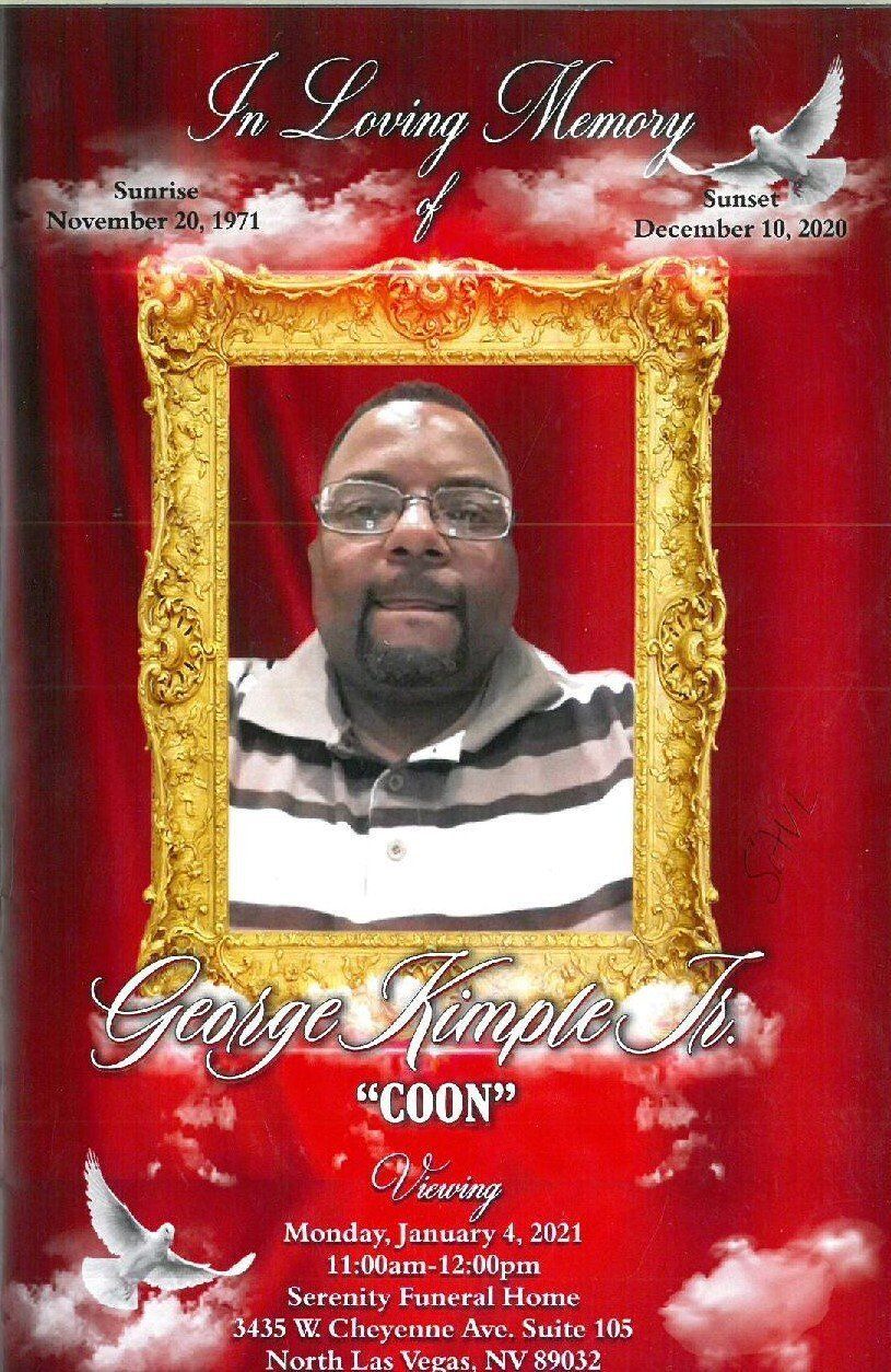 Memorial tribute with framed portrait on red background, clouds, and “In Loving Memory” text