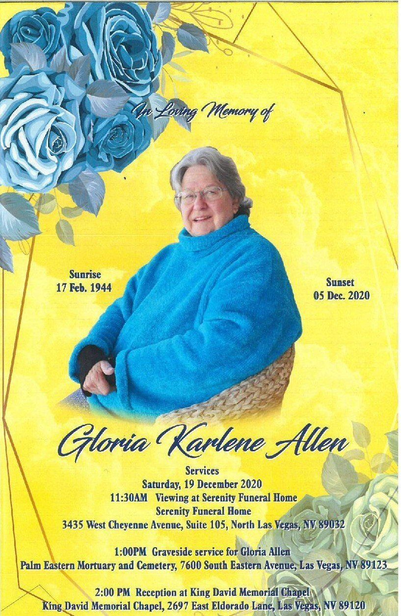 Memorial flyer with blue roses, yellow background, and a portrait of a woman in a bright blue sweater