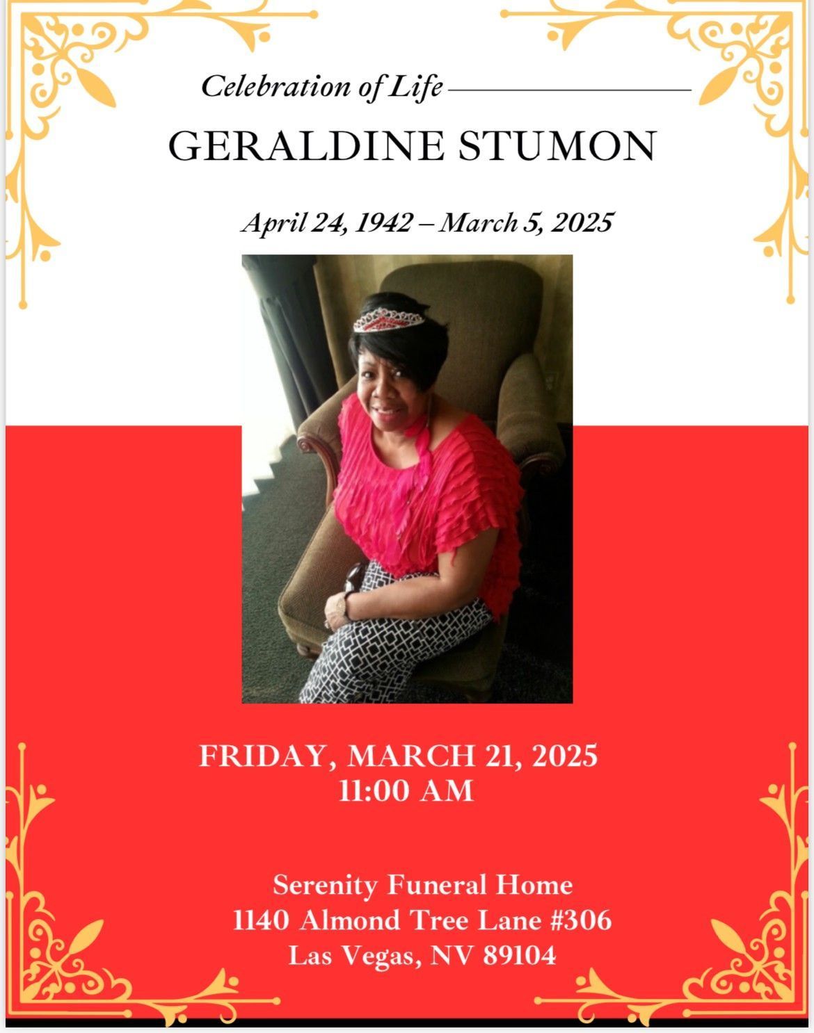Memorial program for Geraldine Stumon with portrait, dates, and funeral service details in red and gold