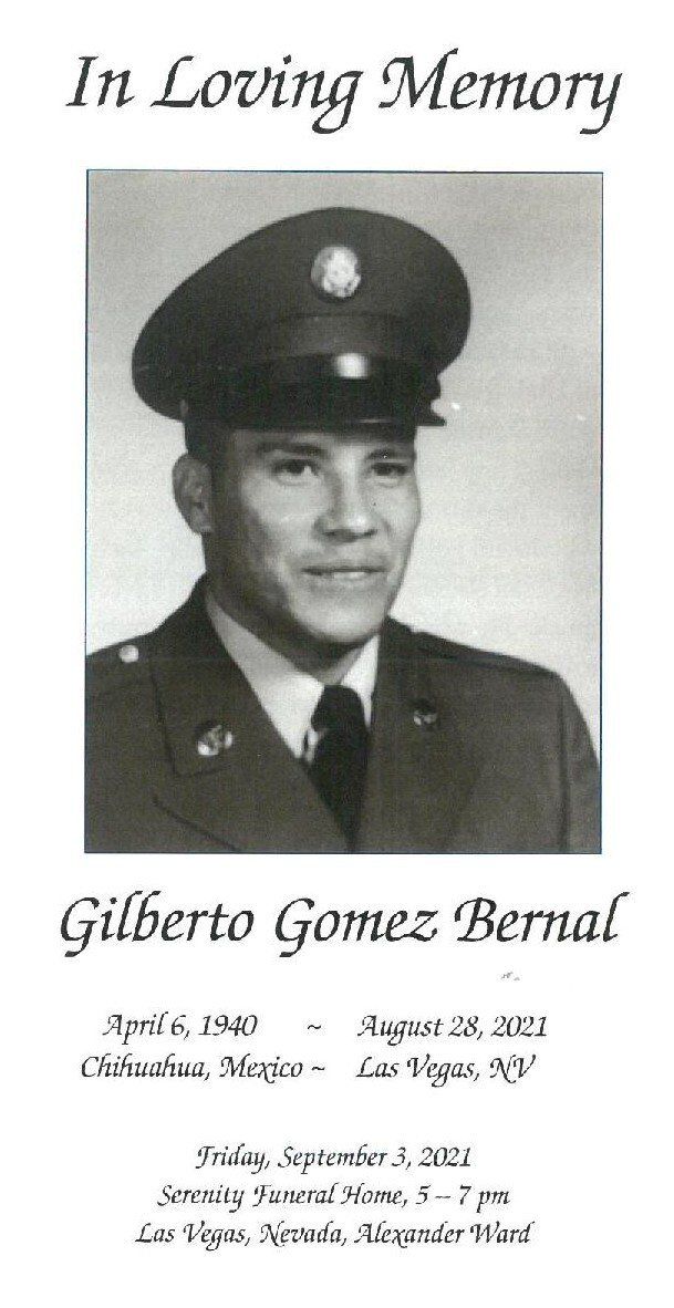 Memorial card with black-and-white portrait and text “In Loving Memory” for Gilberto Gomez Bernal