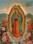 Virgin Mary standing in prayer, surrounded by a golden halo and flowers, in a devotional painting