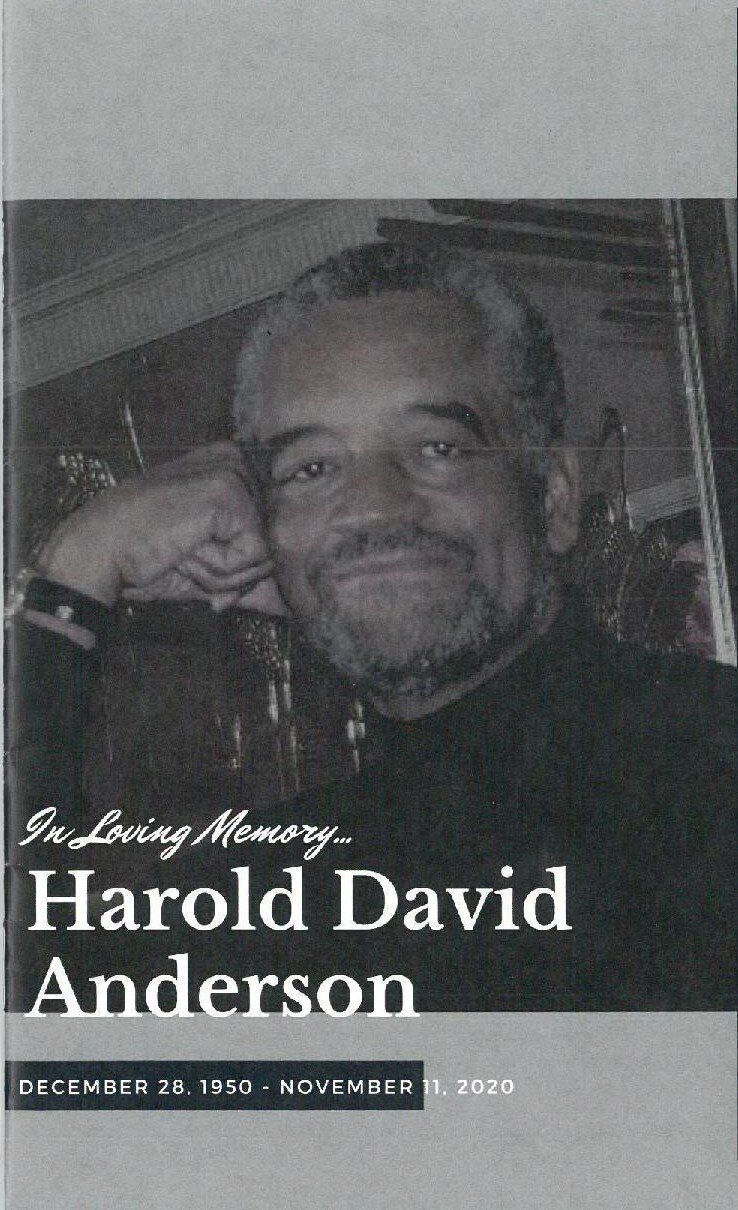 Memorial card for Harold David Anderson, with a black-and-white portrait and dates below.
