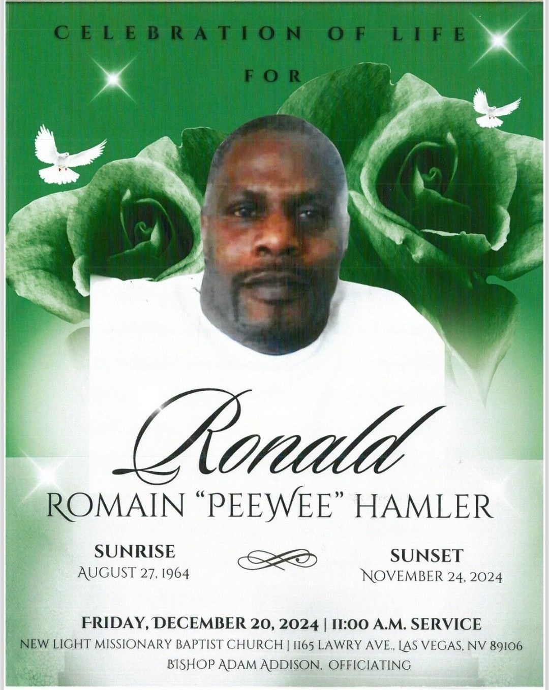 Memorial flyer with portrait, green roses, and text for Ronald “Peewee” Hamler’s celebration of life