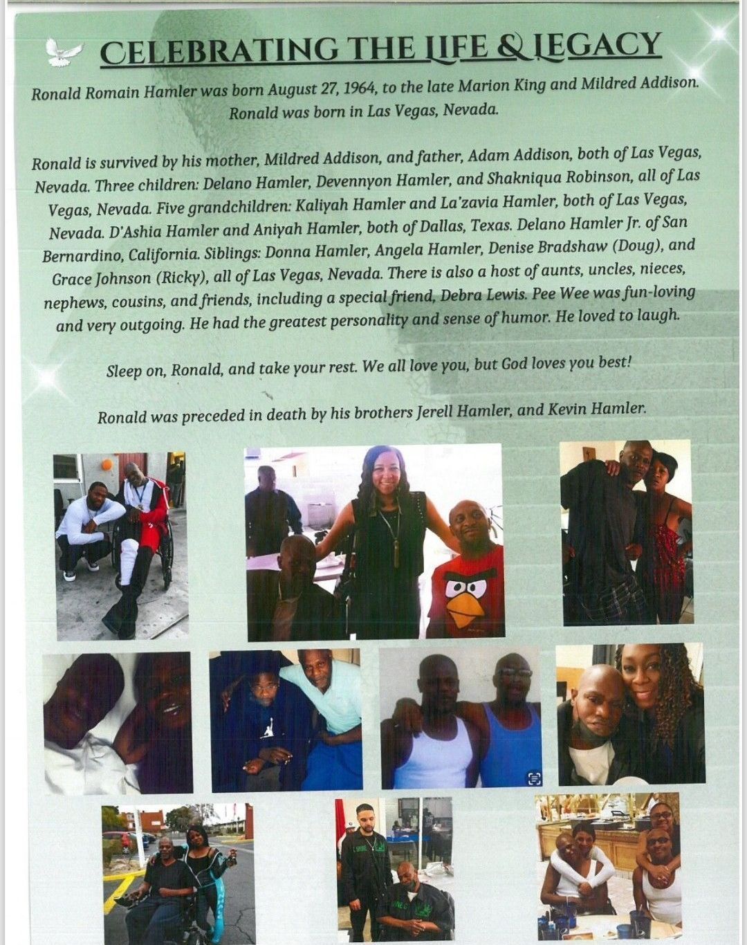 Green memorial flyer titled “Celebrating the Life & Legacy” with a collage of family photos