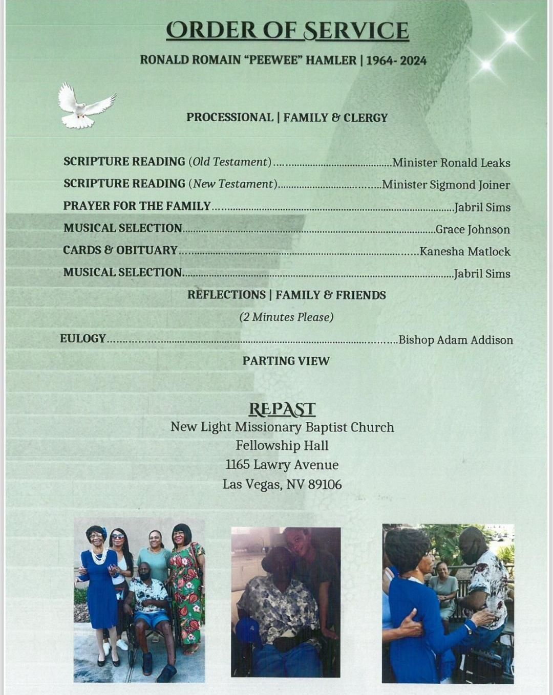 Green funeral order of service program with text and three small photos at the bottom