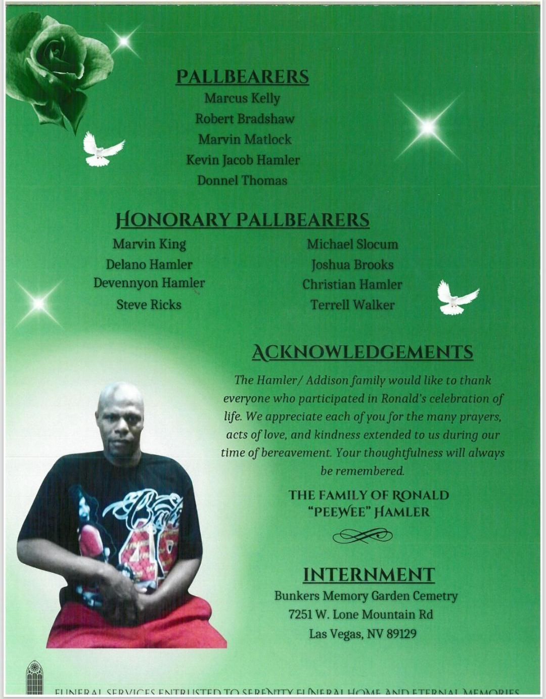 Green memorial program with pallbearers, hon. pallbearers, acknowledgements, internment details, and a portrait at bottom.