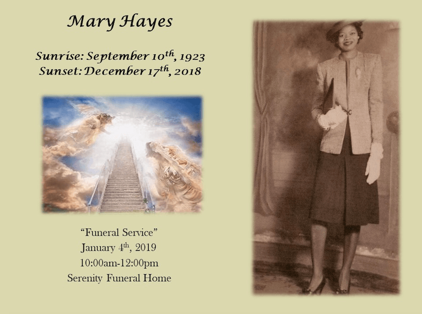 Memorial card for Mary Hayes with sepia portrait and sunrise sky over clouds