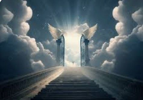 Stairway to a glowing heavenly gate in the clouds with bright light and angelic columns