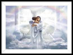 Two figures embrace in white robes amid soft clouds and glowing light.