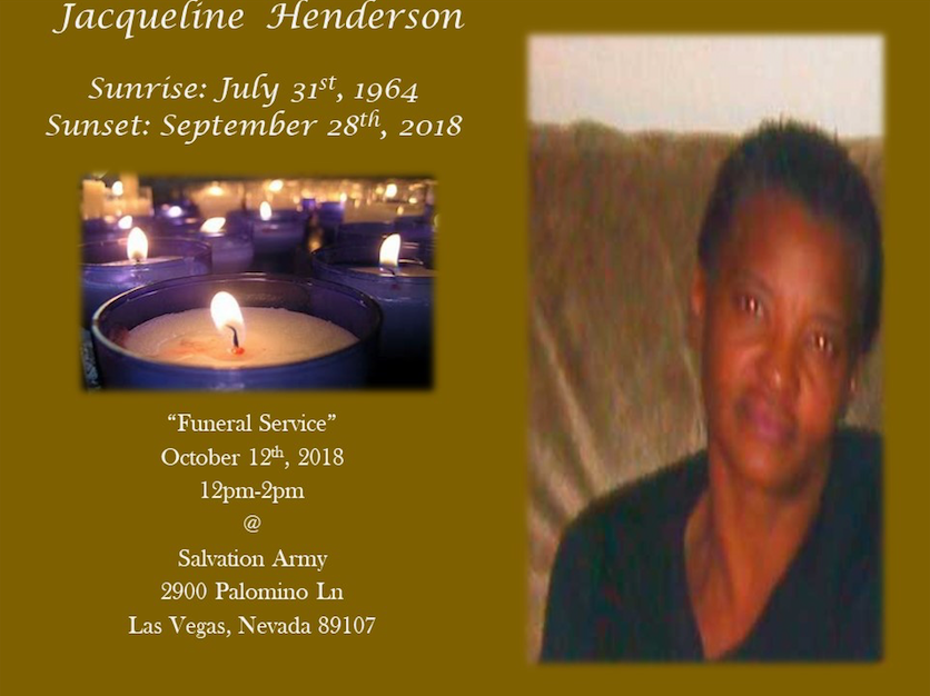 Memorial card with candle and portrait, honoring Jacqueline Henderson with service details.