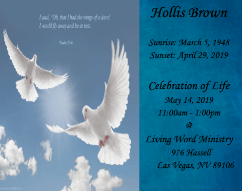 Memorial card with white doves over a blue sky and funeral details for Hollis Brown in Las Vegas, NV.
