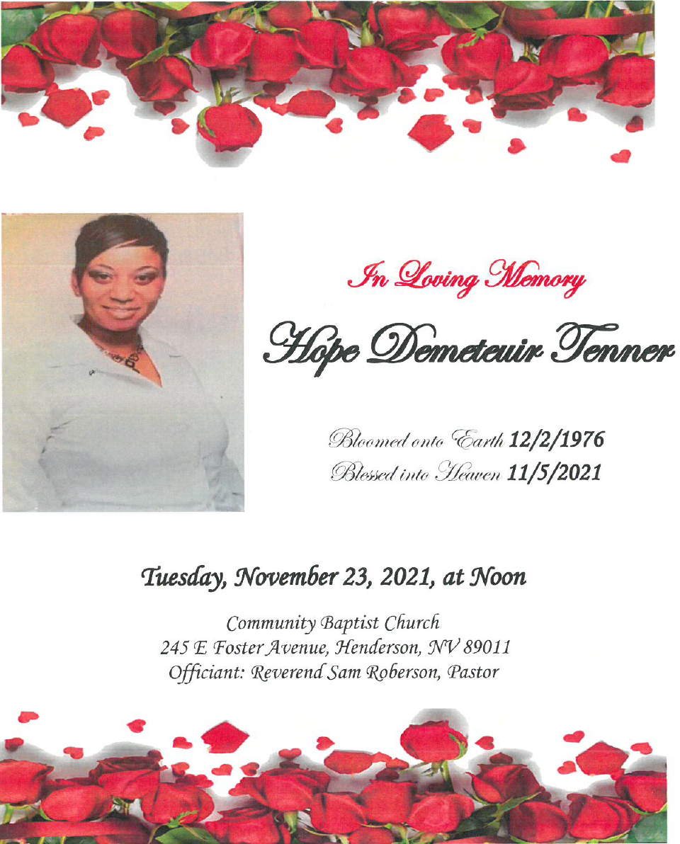Memorial flyer with red roses and a portrait photo on white background.