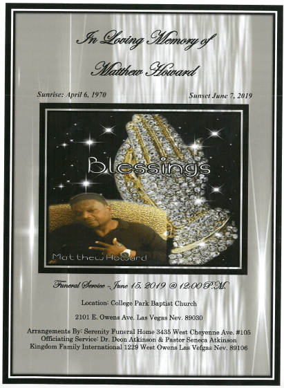 Black-and-silver memorial program cover with a portrait and decorative starry frame