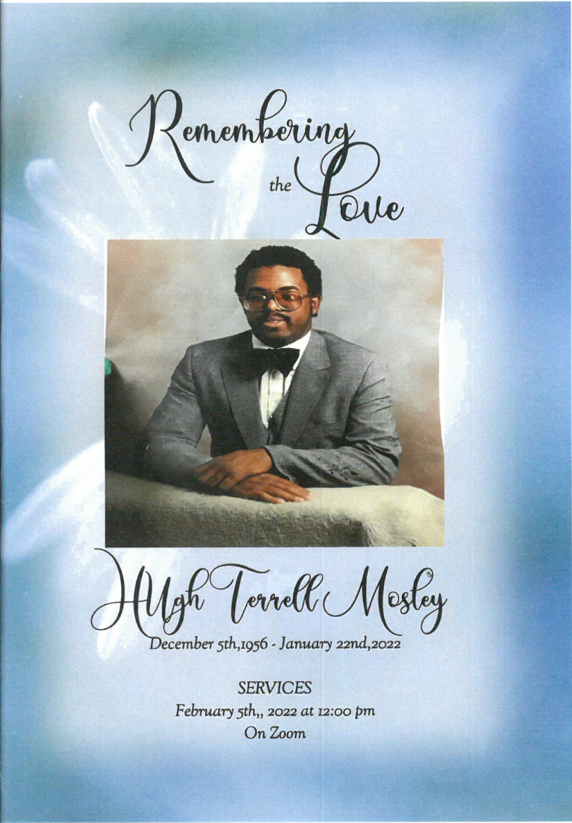 Memorial program cover with a portrait in a suit, titled “Remembering the Life” in soft blue tones