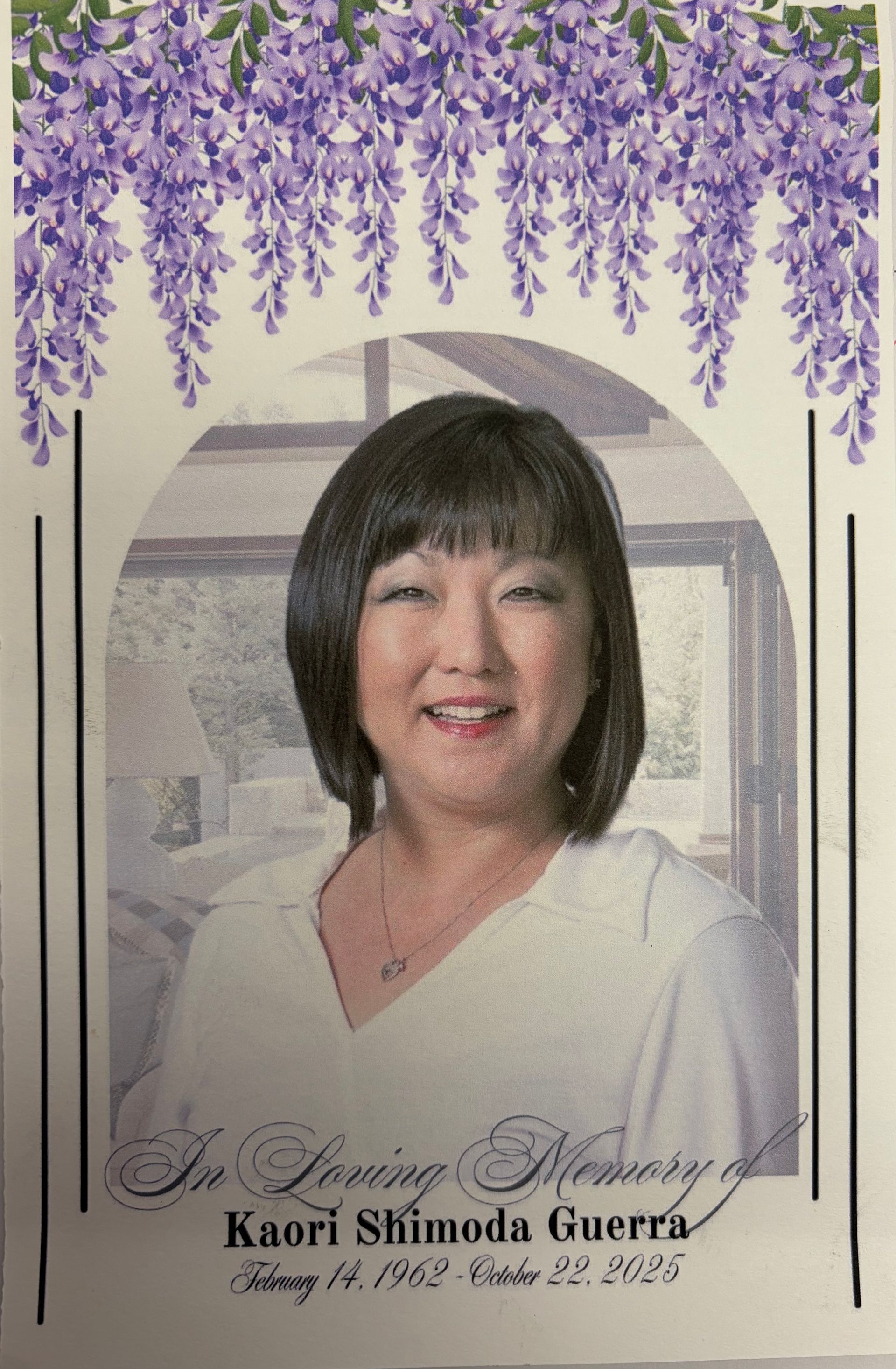 Portrait of Kaori Shimada Guerra under purple wisteria, with decorative signature and circular backdrop
