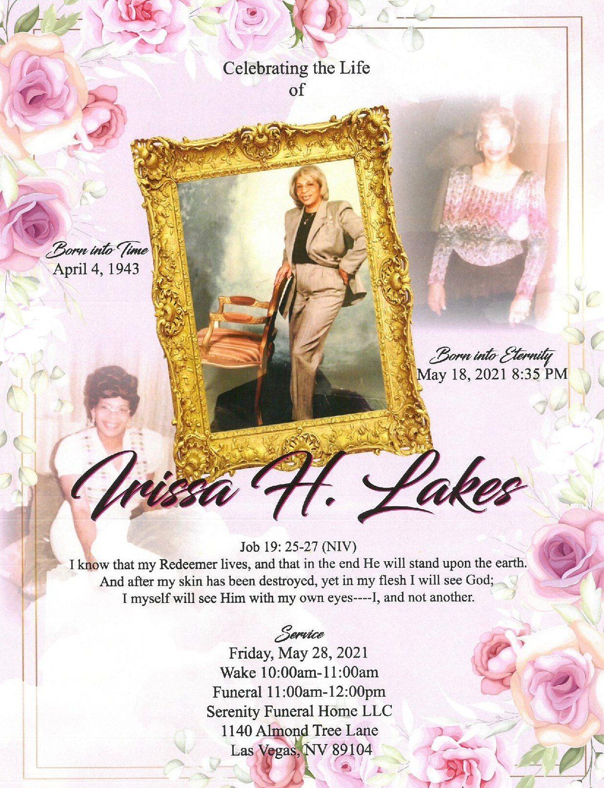 Pink floral memorial collage with framed portrait and the name “Anica H. Lakes” centered in script