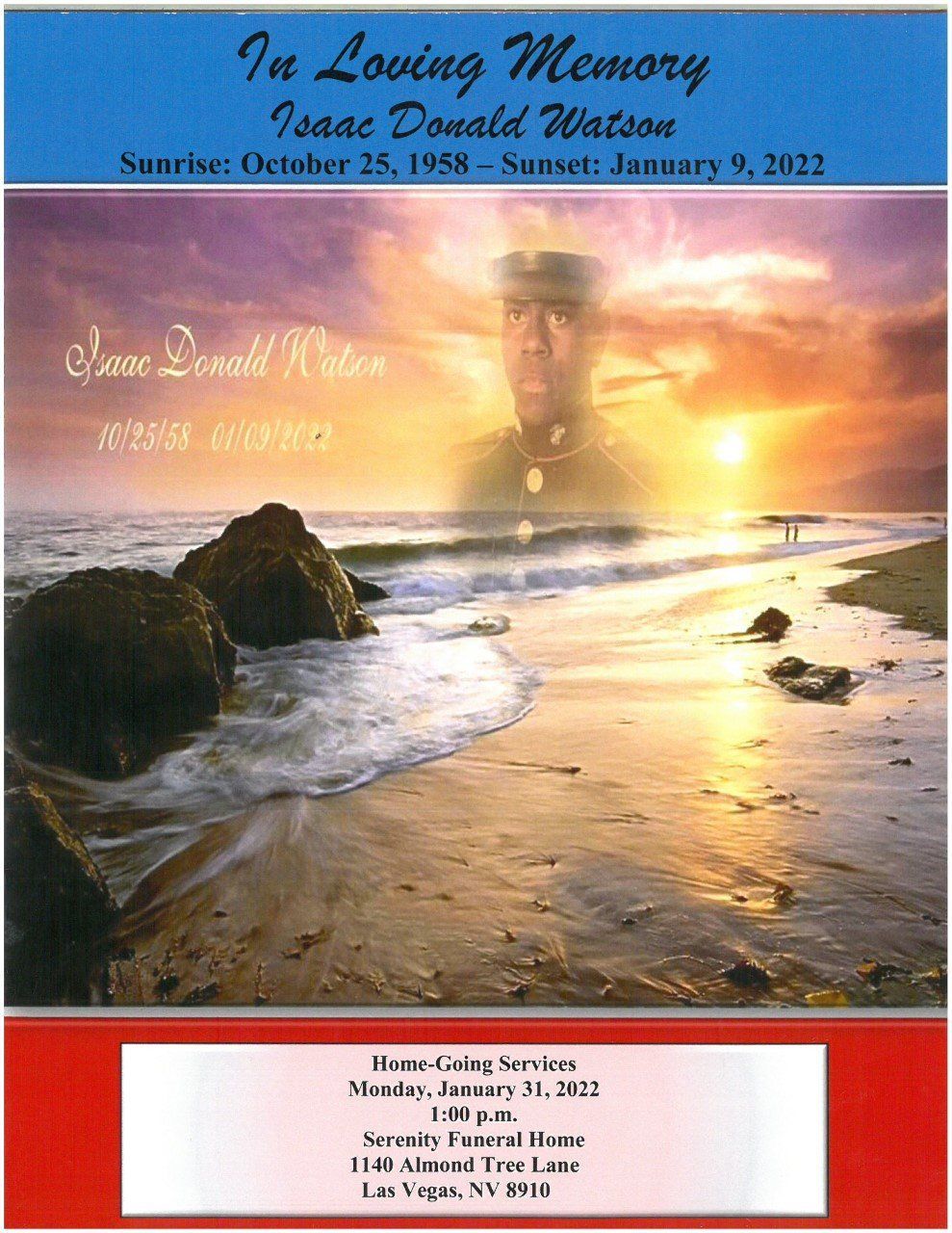 Memorial card with sunset beach scene and tribute text for David Watson, with dates and funeral details