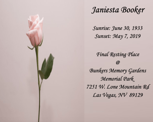 Pink rose beside memorial plaque for Janesta Booker at Bunkers Memory Gardens, Las Vegas.