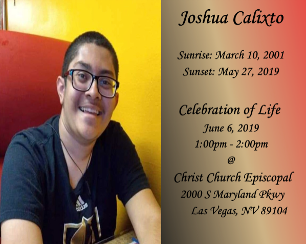 Portrait beside memorial service details for Joshua Calixto; warm yellow and red background.