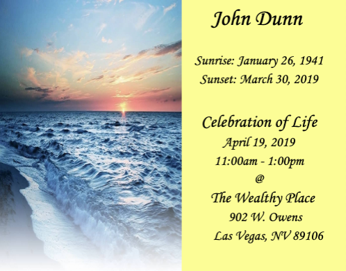 Memorial card with ocean sunrise and service details for John Dunn at The Wealthy Place, Las Vegas