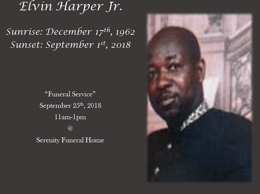 Memorial card for Elvin Harper Jr. with portrait and funeral service details on a sepia background