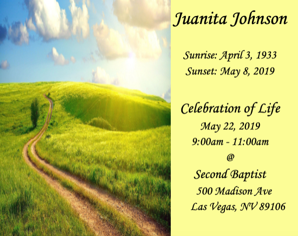 Memorial program with green hills and blue sky, listing Juanita Johnson and celebration of life details.