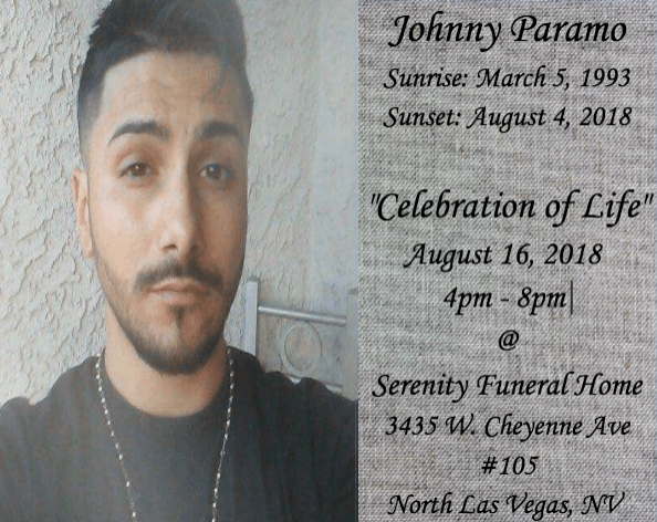 Memorial flyer with man’s portrait and text for Johnny Paramo’s Celebration of Life, Aug. 16, 2018.