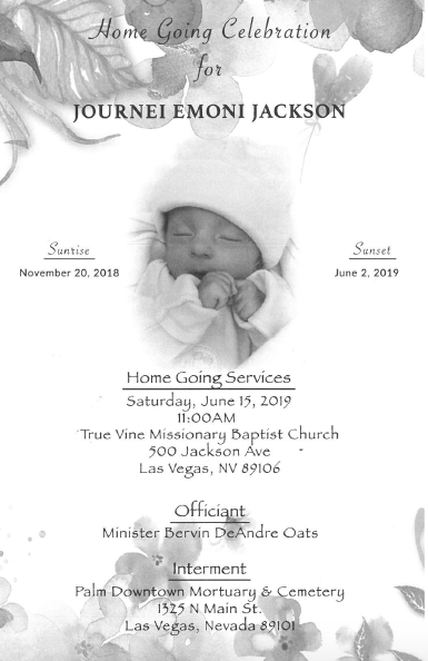 Baby memorial program for Journei M. Jackson, with sleeping infant photo and homegoing service details