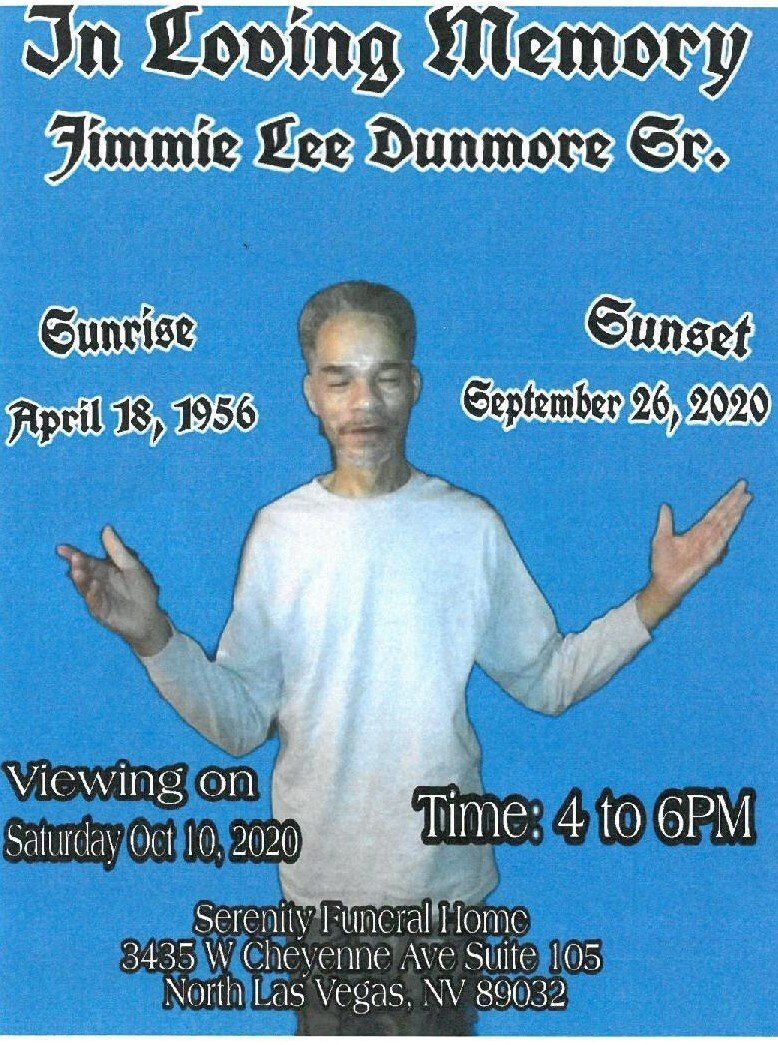 Memorial flyer with a man in a white shirt, arms raised, and text for Jimmie Lee Dunmore Sr.