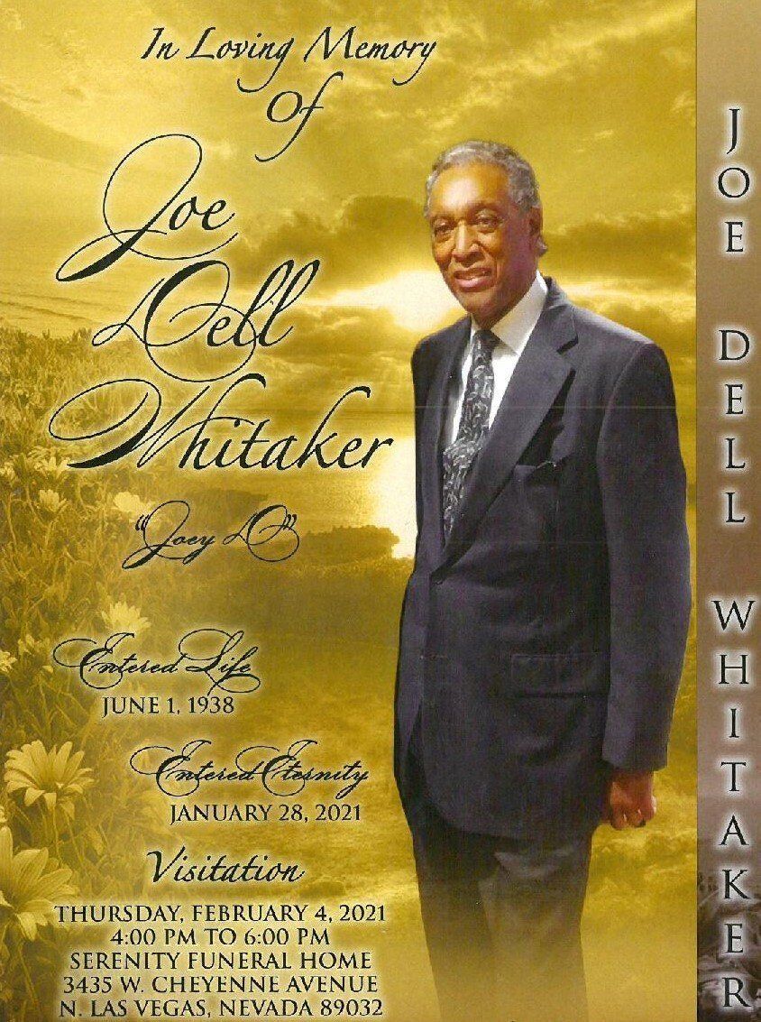 Memorial poster for Joe D. Whitaker with portrait on gold background and tribute text