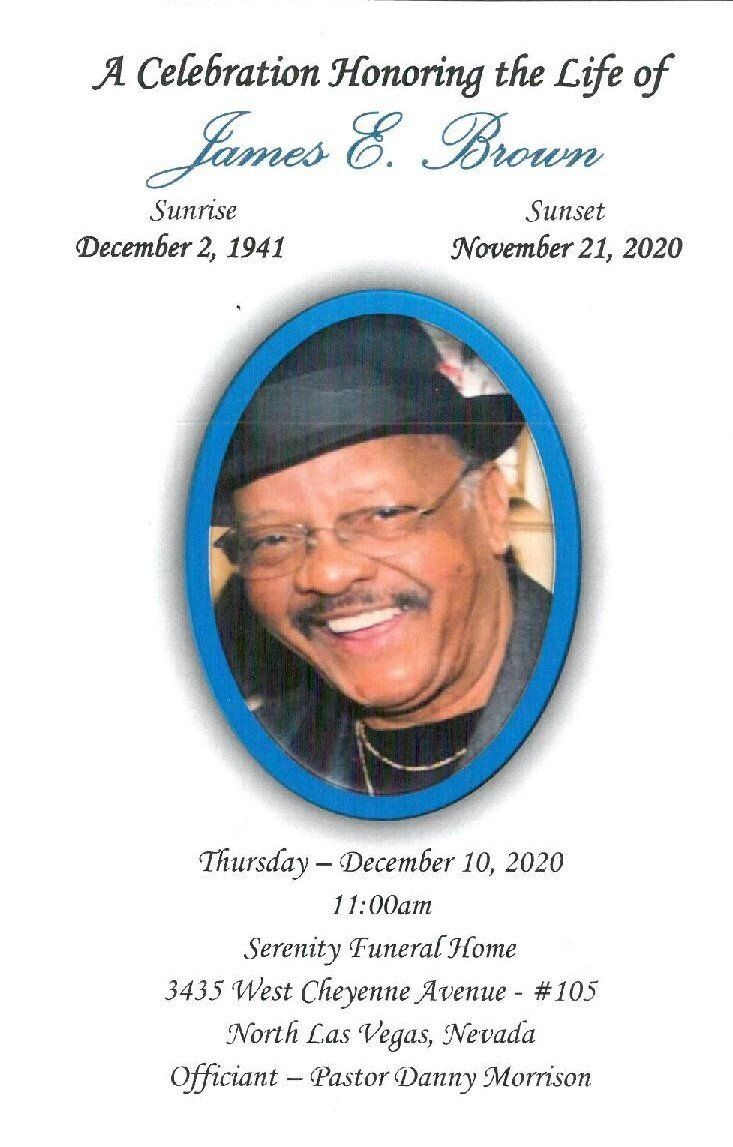 Memorial tribute program with oval portrait in blue frame and funeral service details on a white background