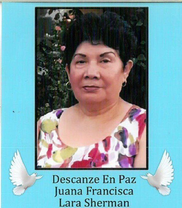 Memorial portrait of Juana Francisca Lara Sherman with “Descance En Paz” text and a white dove.