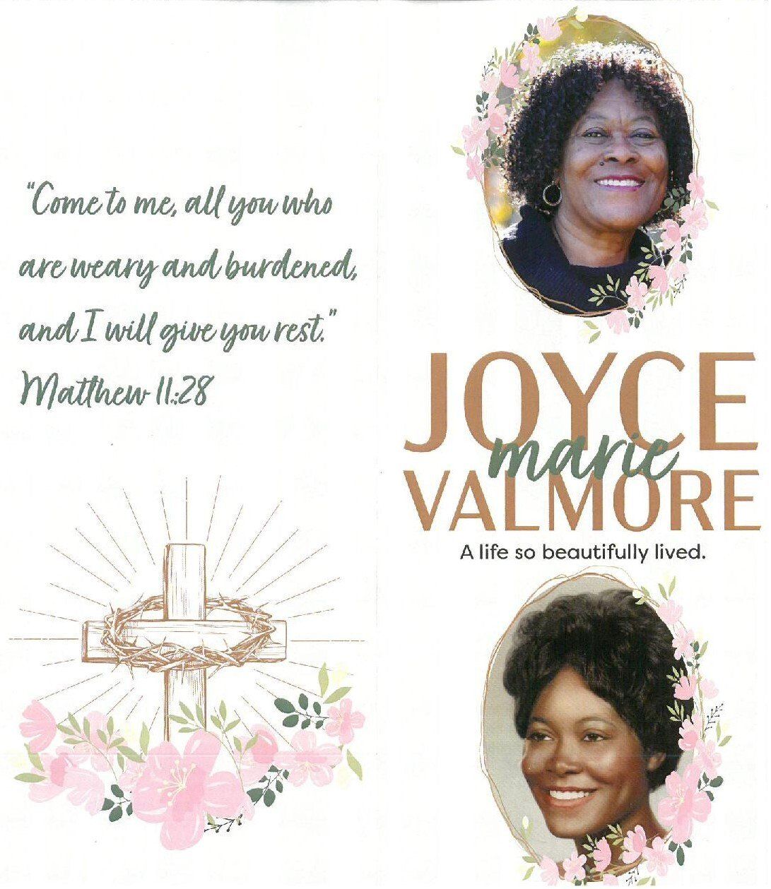 Memorial card with two portrait photos, flowers, and text “Come to me…” and “Joyce Mae Valmore”