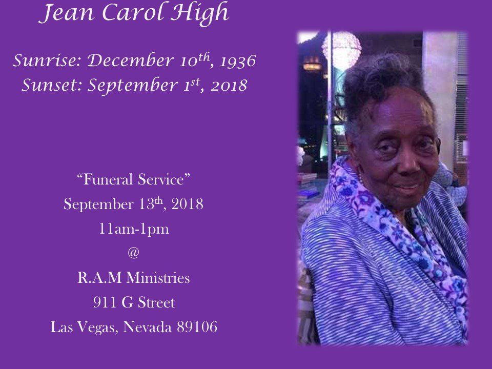 Memorial card for Jean Carol High with purple background, portrait, and funeral service details.