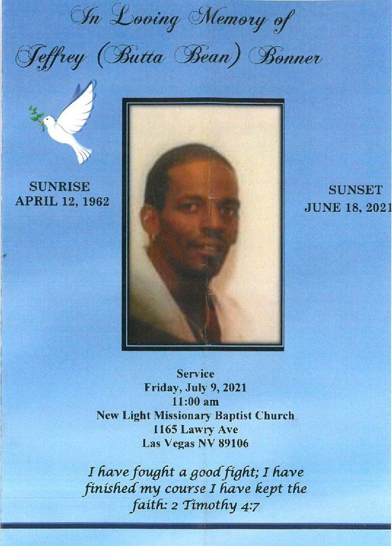 Memorial card with portrait, white dove, and text on blue background