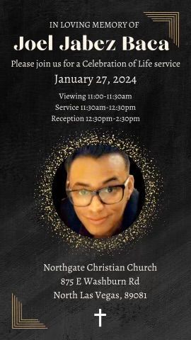 Memorial service flyer for Joel Jabez Bacar; black background, gold text, portrait, and church details.