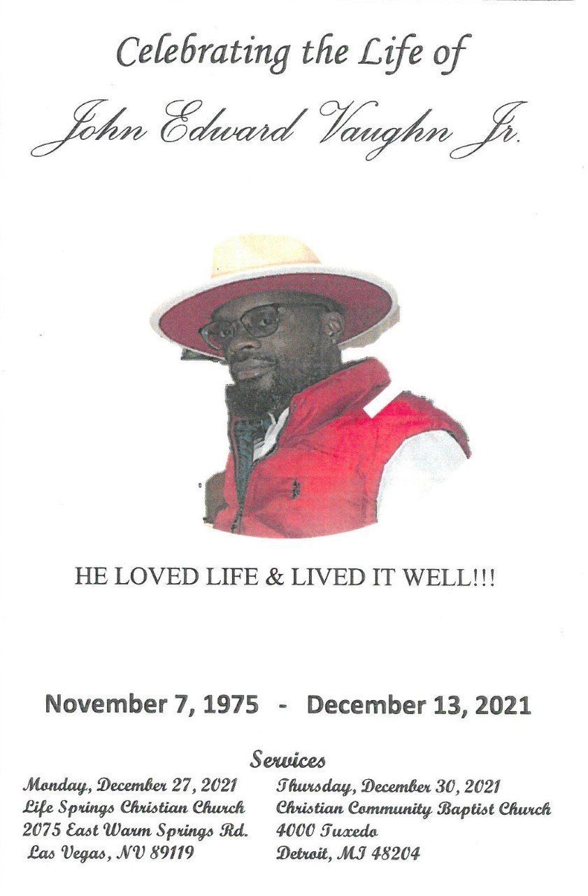 Memorial tribute poster with portrait, red shirt and hat, honoring John Edward Vaughan Jr., Nov. 7, 1975–Dec. 13, 2021