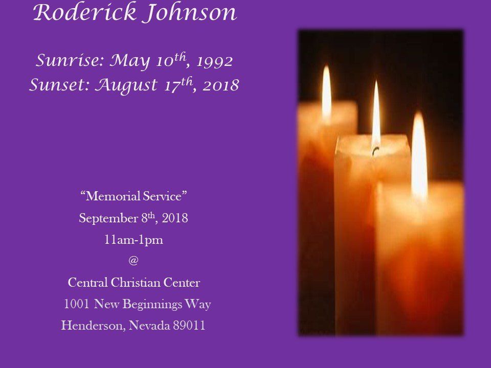 Memorial service card for Roderick Johnson with candles and dates, in purple and gold.