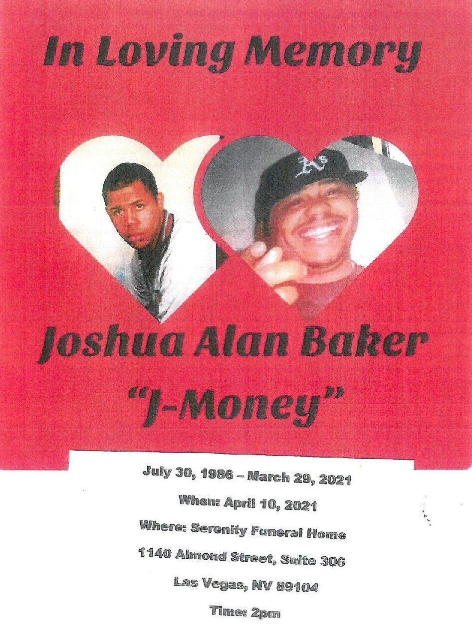 Memorial flyer with red background, heart-shaped photos, and the name Joshua Alan Baker, “J-Money”
