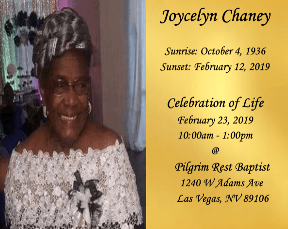 Memorial program for Joycelyn Chaney with portrait and service details on a gold background