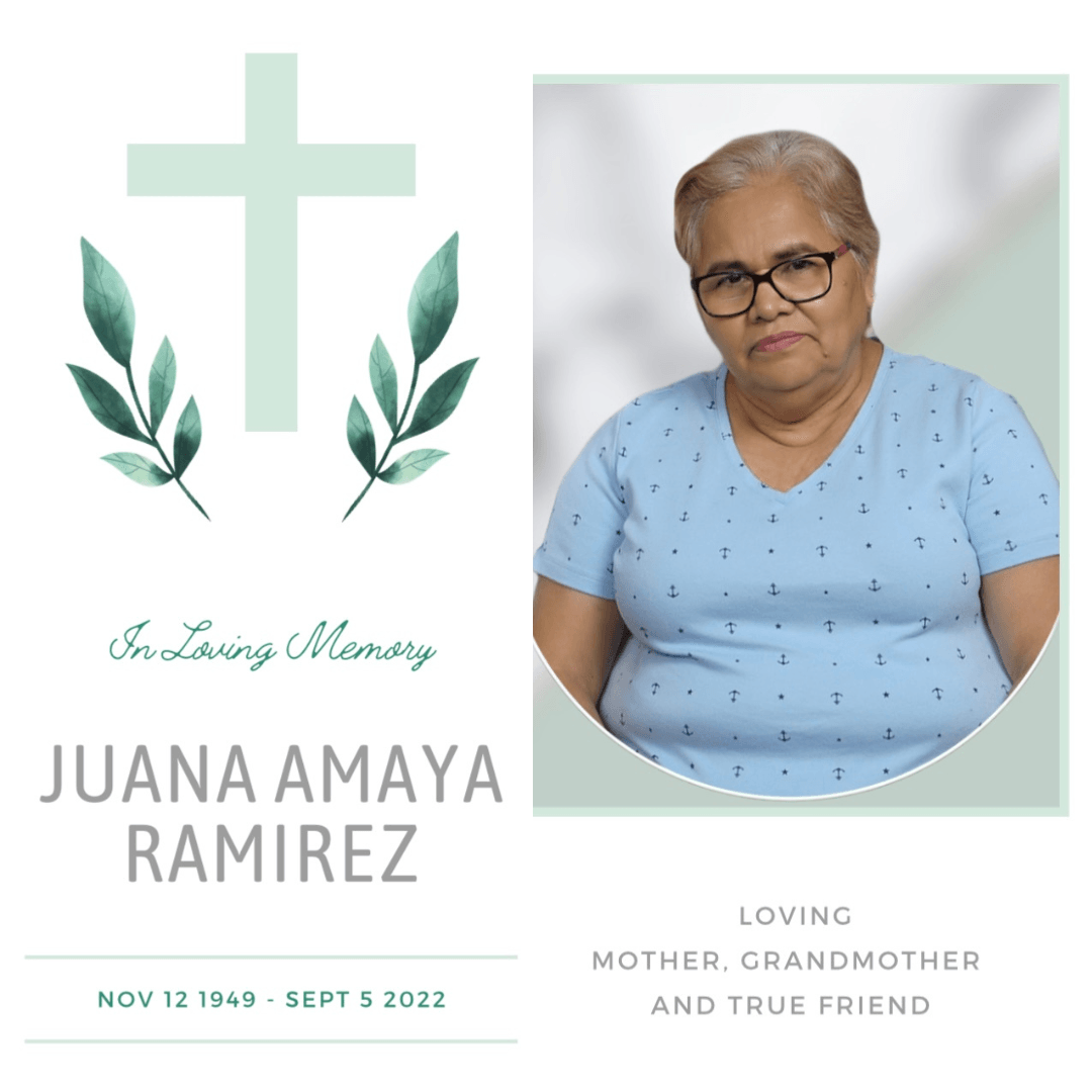 Memorial card with a woman’s portrait, pale green cross and leaves, for Juana Amaya Ramirez